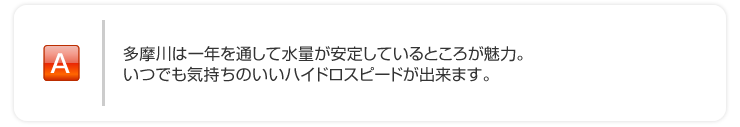 多摩川は一年を通して水量が安定しているところが魅力。いつでも気持ちのいいハイドロスピードが出来ます。